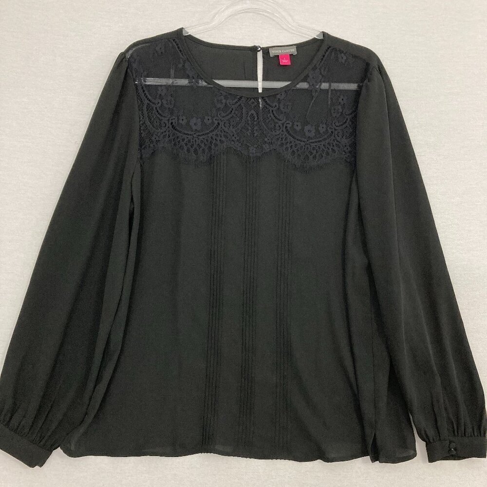 Vince Camuto Black Lace Pintuck Preppy Office Long Sleeve Blouse Large